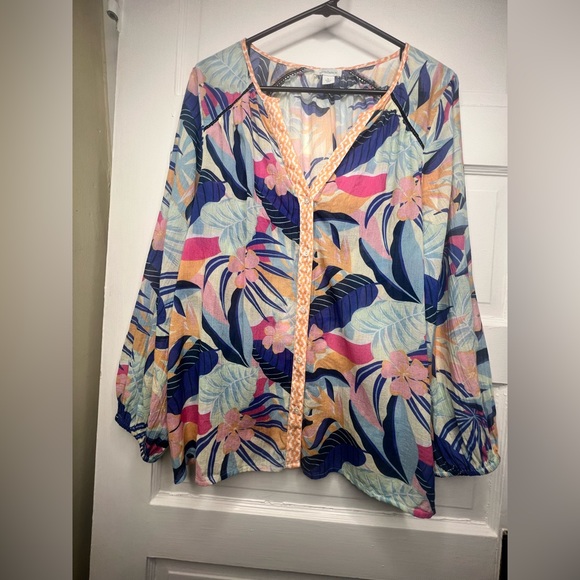 Sundance Canary Isles Top Blouse Top L Cotton Tropical Palm Hawaiian - Picture 5 of 8